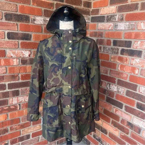 J. Crew Camouflage Rain Jacket with Gold Zipper and Snaps Size Small - Picture 16 of 16